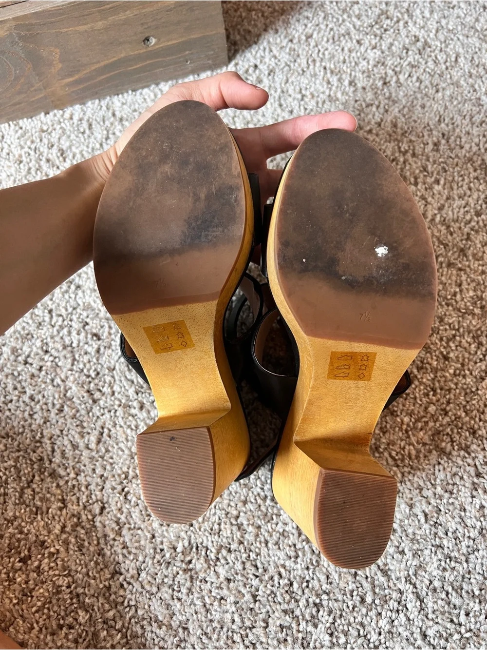 Black Leather Strappy Platform Sandals with Wood Heel